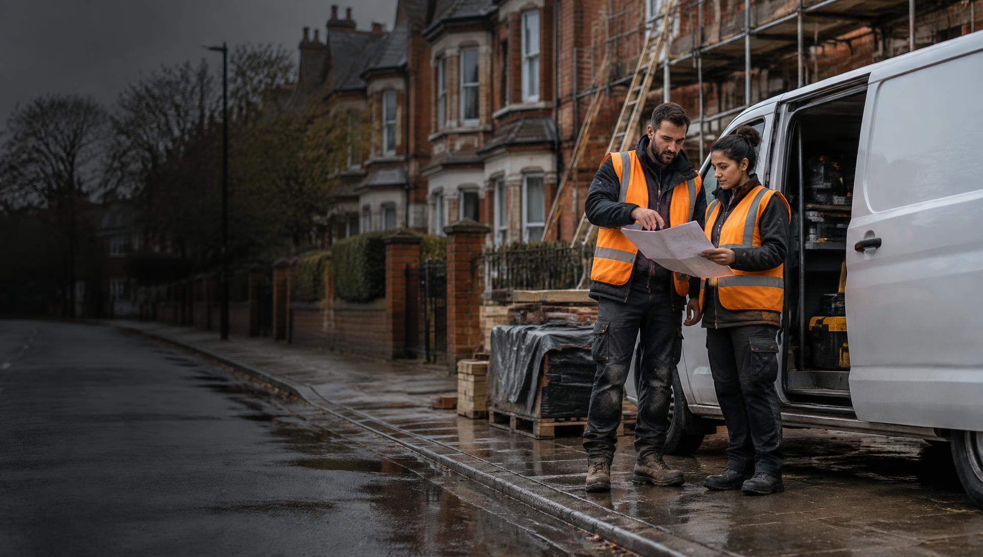 Two UK tradespeople reviewing plans beside a van on a red-brick residential site